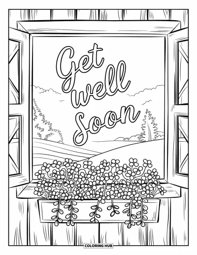 Fargeleggingsark med god bedring for voksne: Innrammede blomster, treramme og åser omfavner et kjærlig budskap