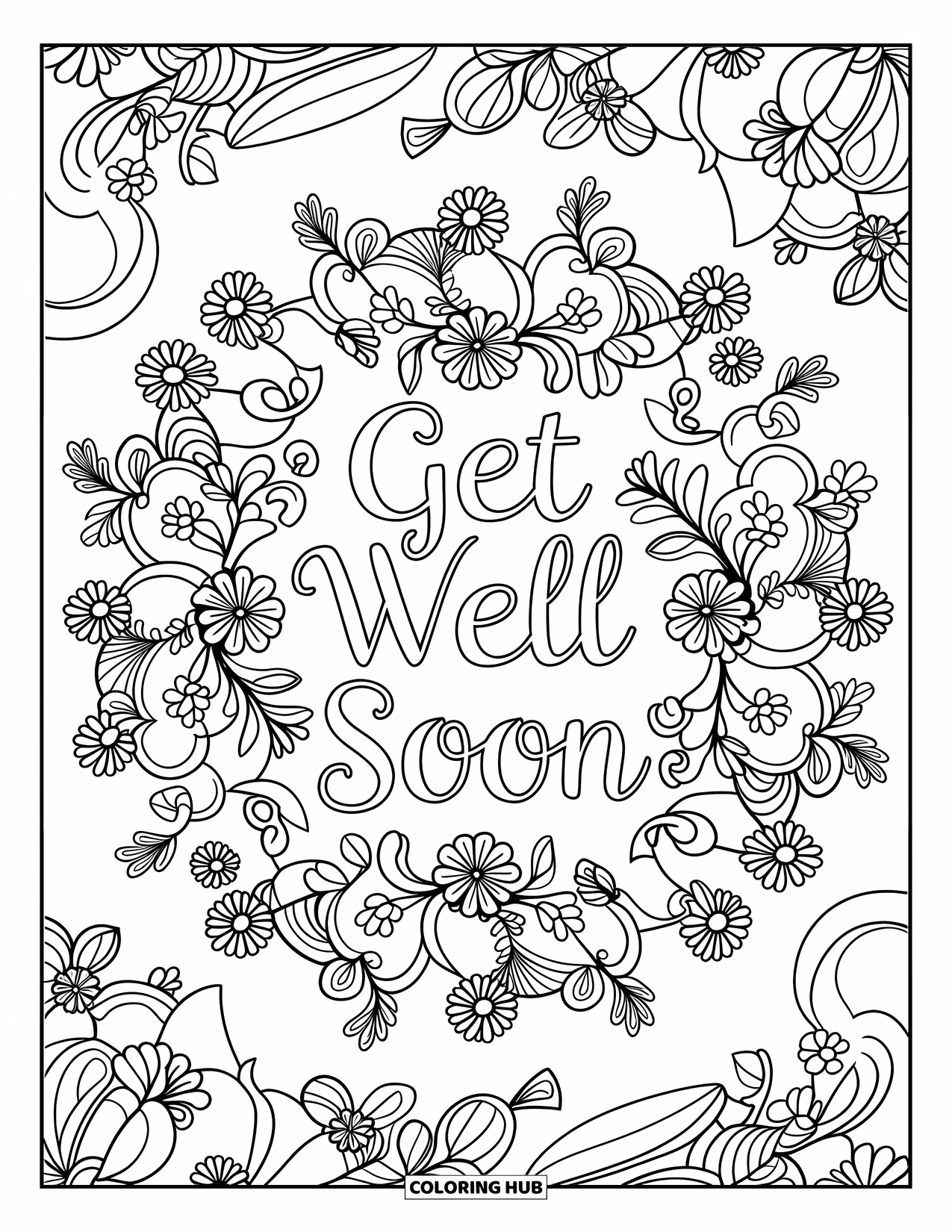Get Well Soon Coloring Page for Adults: Mandala curves and vines cradle graceful healing words