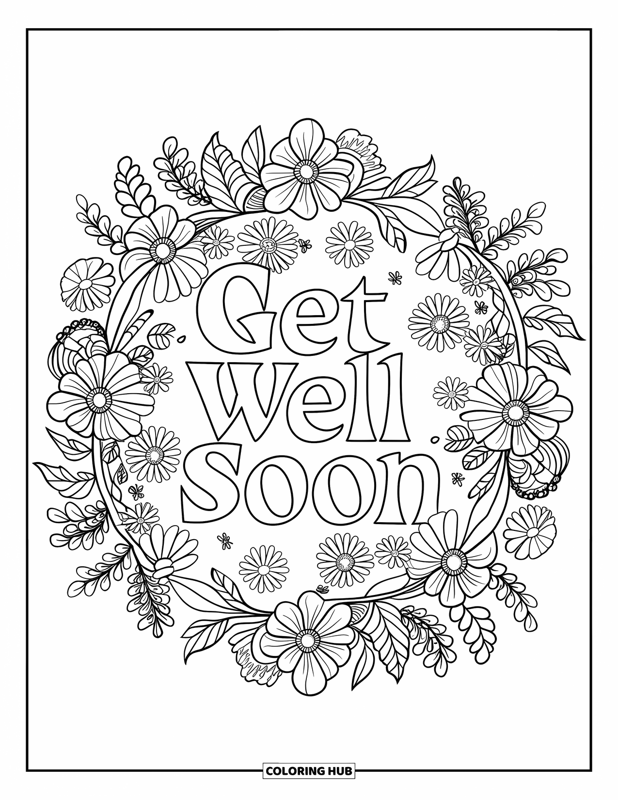 Get Well Soon Coloring Page for Adults: Mandala of petals and vines centers an elegant wish