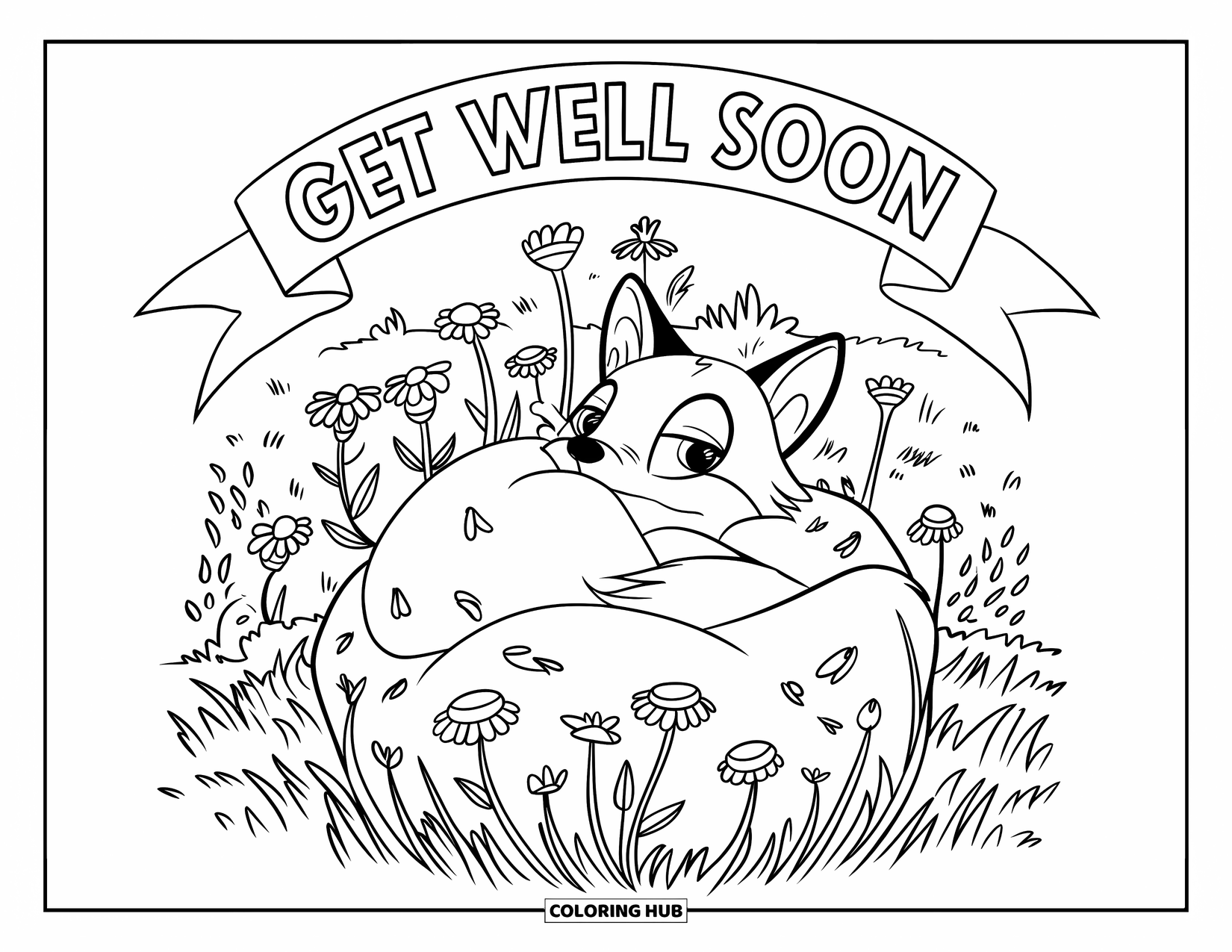 Get Well Soon Coloring Page for Kids: A gentle fox naps in petals beneath a cheerful banner