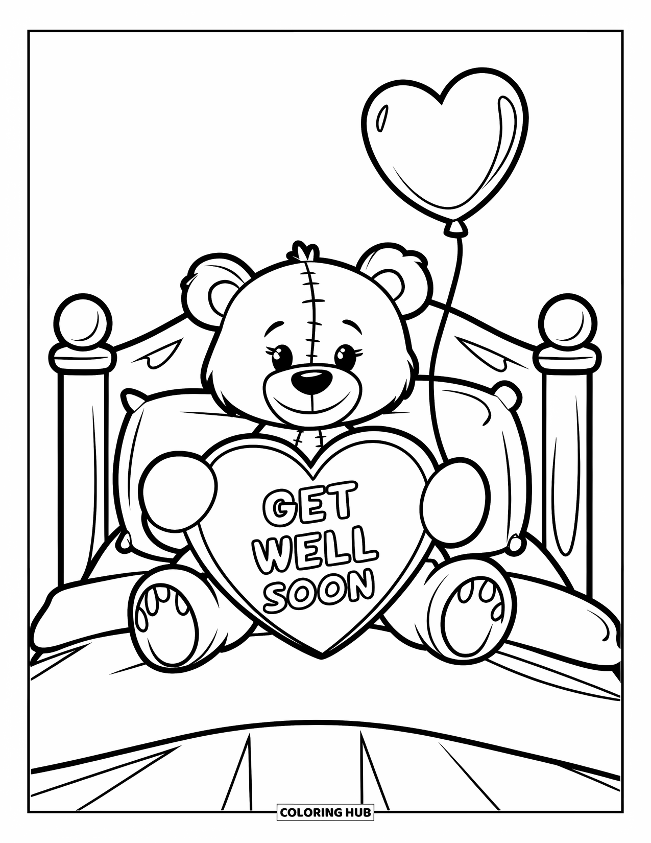 Get Well Soon Coloring Page for Kids: Bed-bound teddy waves a balloon and heart sign with a smile