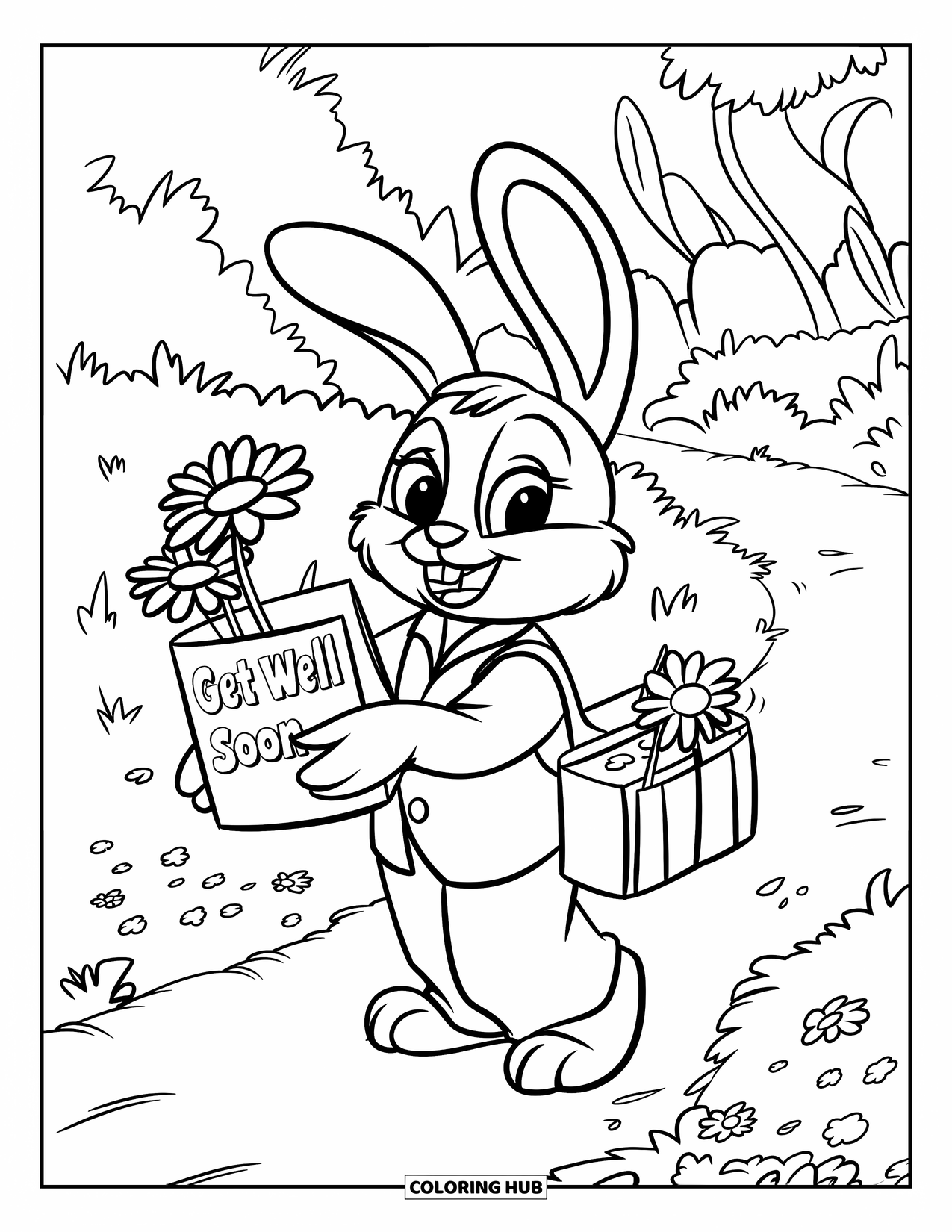 Get Well Soon Coloring Page for Kids: Bunny mailman walks the garden path delivering daisies and good wishes