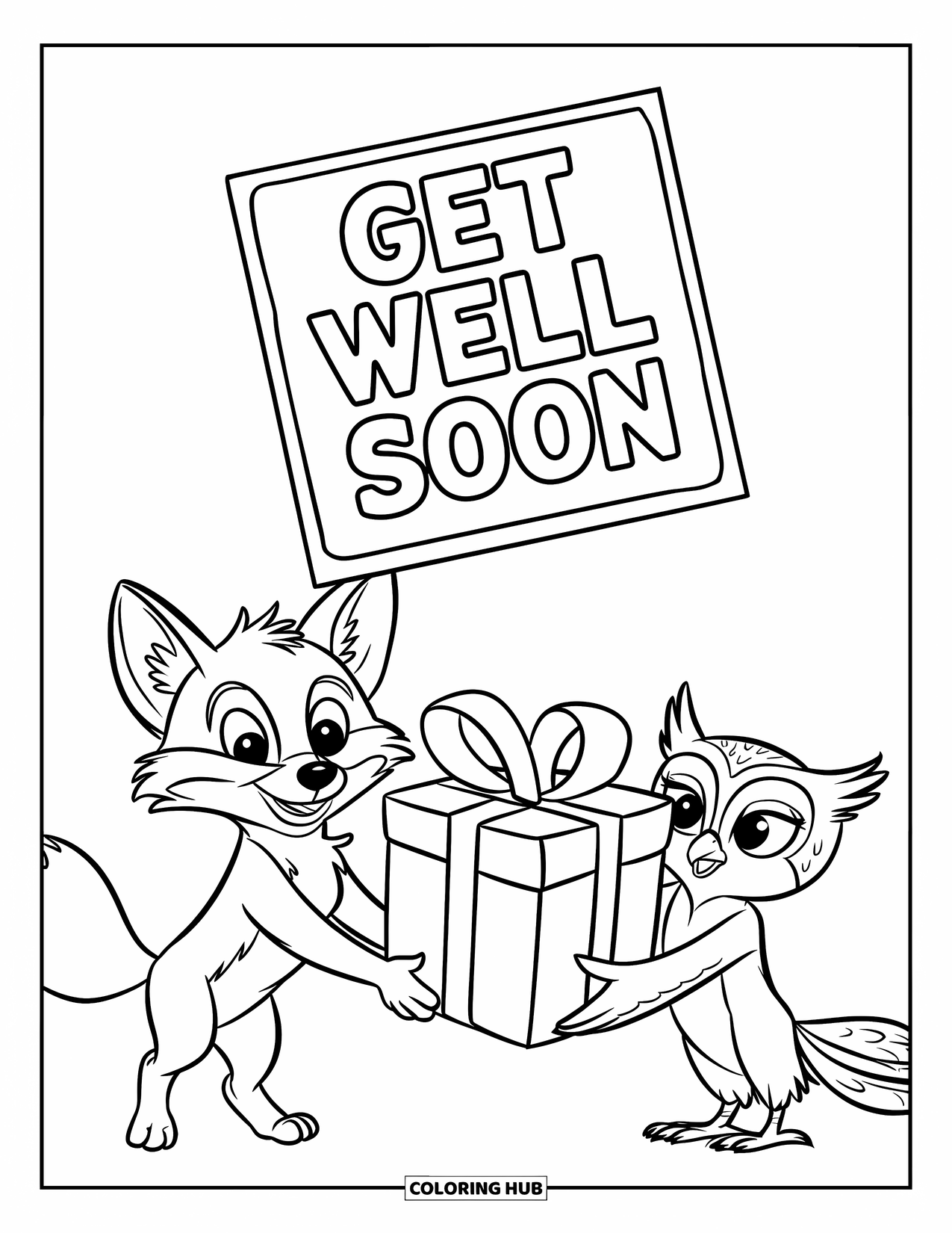 Get Well Soon Coloring Page for Kids: Fox and owl deliver a gift and a "Get Well Soon" card with a bow