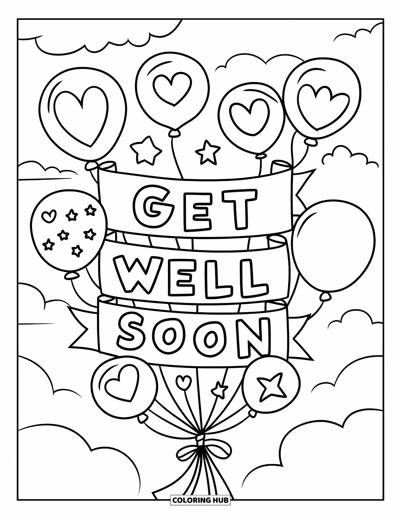Get Well Soon Coloring Page for Kids: Heart and star balloons carry a ribboned "Get Well Soon" banner in the sky