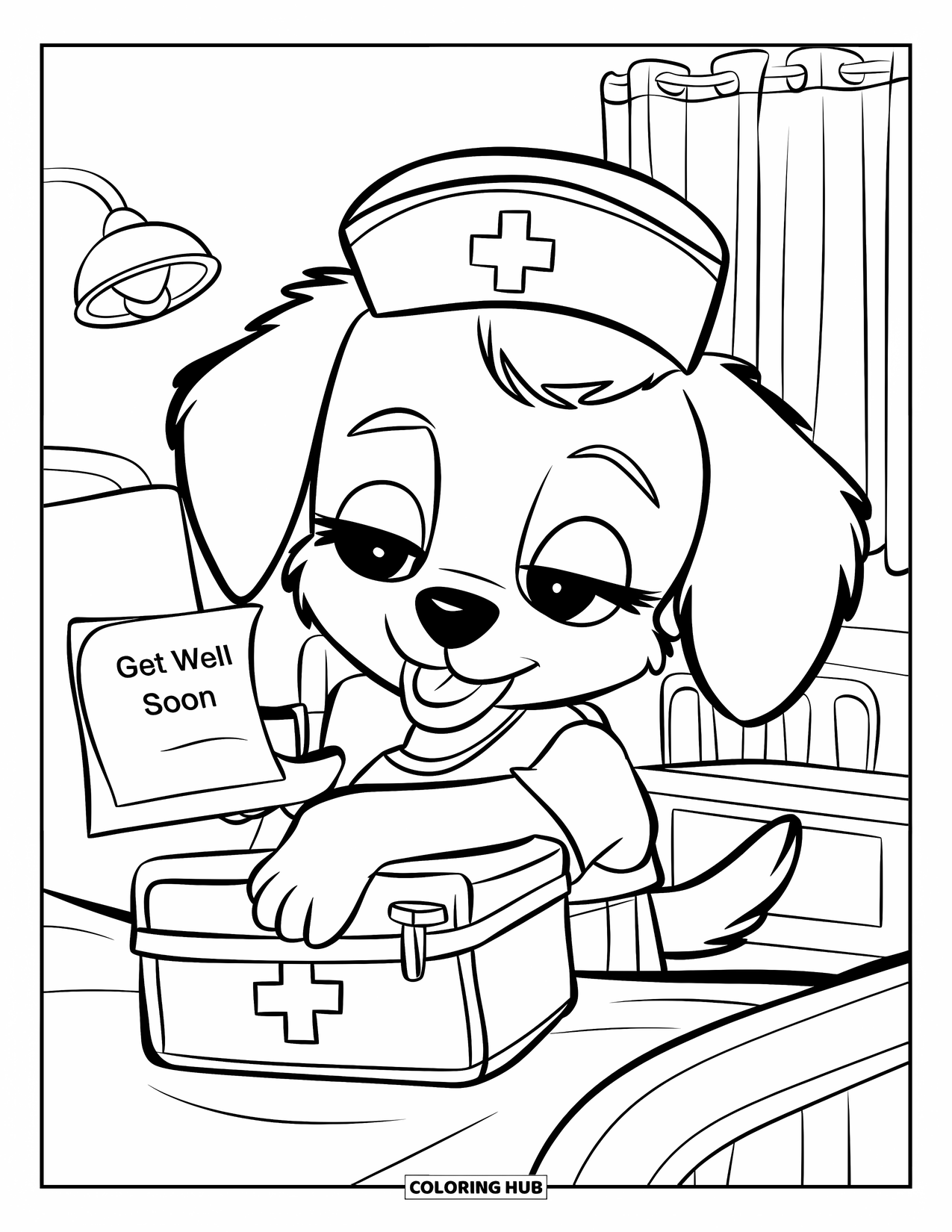 Get Well Soon Coloring Page for Kids: Puppy nurse in uniform smiles while holding a card and kit