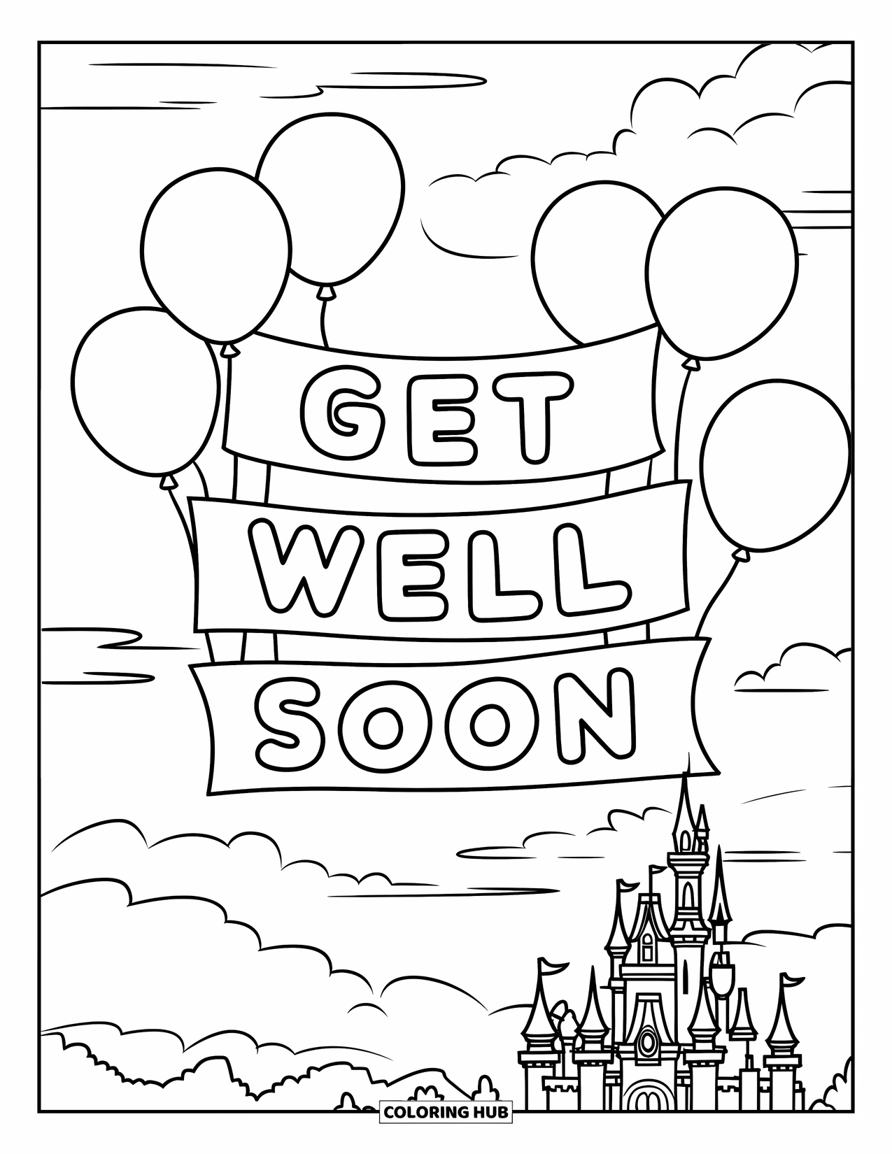 Get Well Soon Coloring Page for Kids: Sky full of balloons lifting a banner that says "Get Well Soon