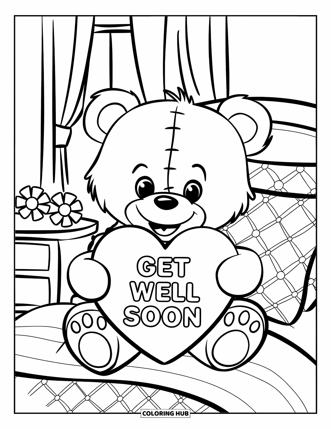 Get Well Soon Coloring Page for Kids: Sweet teddy shares warmth with a heart-shaped note in bed