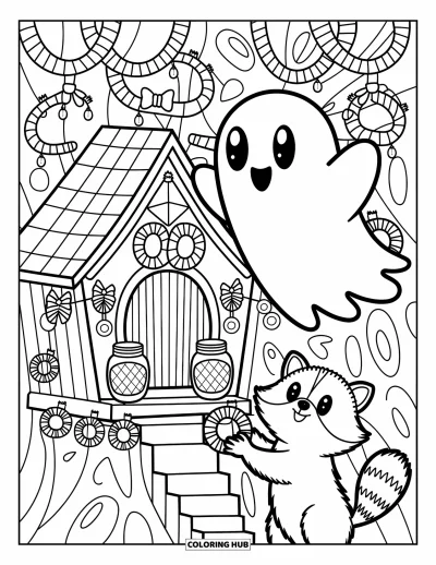 Coloriage de fantômes pour adultes : Un fantôme joyeux et un raton laveur s'associent pour décorer une petite cabane dans les arbres