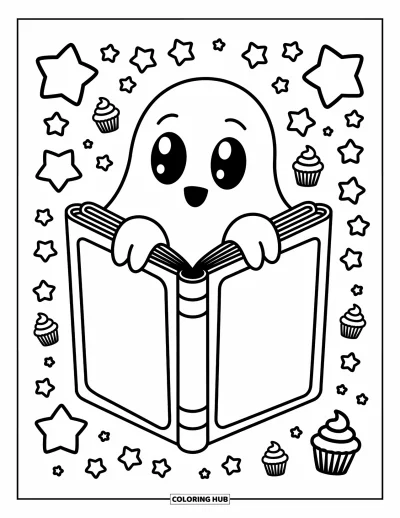 Coloriage de fantômes pour adultes : Un fantôme joyeux émerge d'un grand livre tandis que des gribouillis se répandent dans la scène