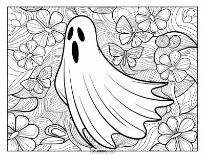 Coloriage de fantômes pour adultes : Un fantôme encapuchonné flotte parmi des lianes en fleurs et des papillons voltigeants