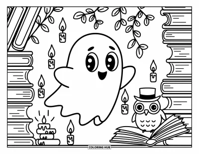 Coloriage de fantômes pour adultes : Un fantôme curieux explore une petite bibliothèque avec des livres flottants et un hibou sage