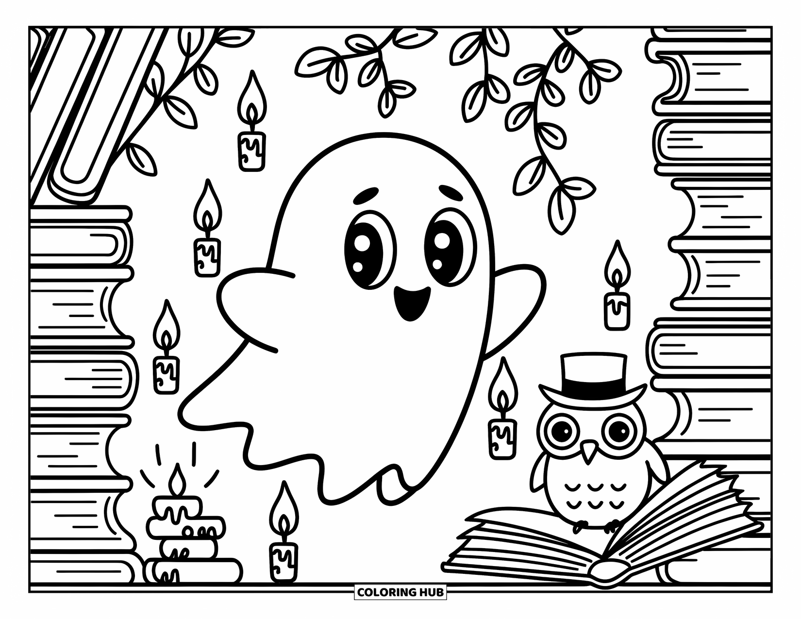 Ghost Coloring Page for Adults: A curious ghost explores a tiny library with floating books and a wise owl