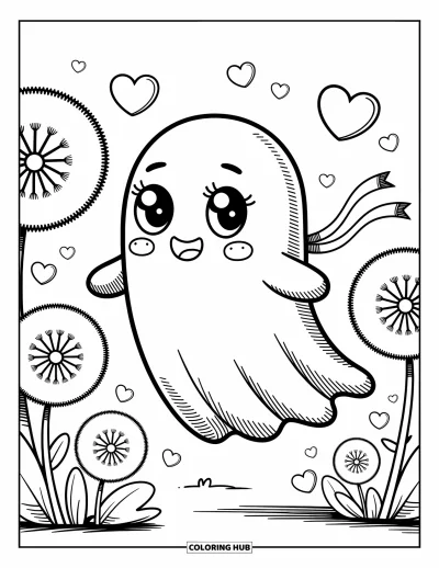 Coloriage de fantômes pour adultes : Un adorable fantôme flotte dans un jardin de pissenlits avec des cœurs et une écharpe ondoyante