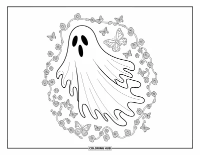 Coloriage de fantômes pour adultes : Un fantôme doux dérive parmi des lianes et des papillons dans un jardin paisible
