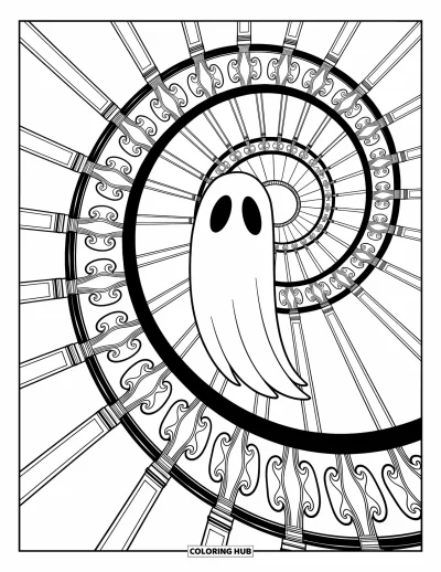Coloriage de fantômes pour adultes : Un fantôme apparaît sur un escalier en spirale encadré de formes décoratives délicates