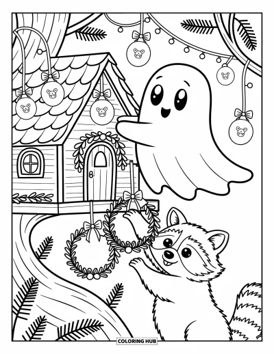 Coloriage de fantômes pour adultes : Un fantôme décore une cabane dans les arbres tandis qu'un raton laveur offre de petites couronnes festives