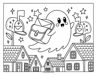 Coloriage de fantômes pour adultes : Un fantôme distribue du courrier magique dans des boîtes aux lettres en forme de fleurs et d'étoiles depuis les airs