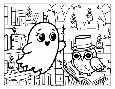 Coloriage de fantômes pour adultes : Un fantôme dérive dans une bibliothèque magique remplie de livres, de bougies et d'un hibou pensif