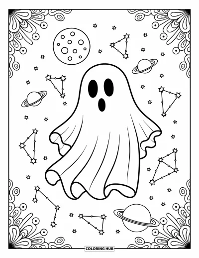Coloriage de fantômes pour adultes : Un fantôme dérive sous une lune brillante avec des constellations et des planètes à proximité