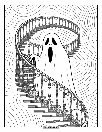 Coloriage de fantômes pour adultes : Un fantôme émerge d'un escalier en spirale enveloppé de motifs tourbillonnants et élégants