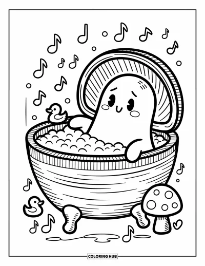 Coloriage de fantômes pour adultes : Un fantôme profite d'un bain douillet dans une coquille de noix avec des petits canards et une douce musique