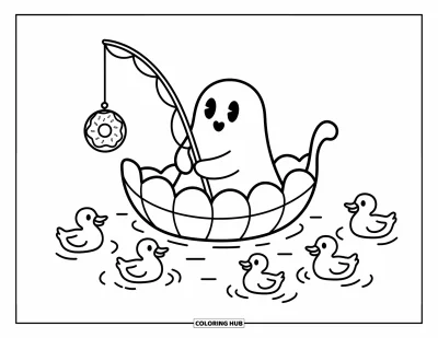 Coloriage de fantômes pour adultes : Un fantôme pêche avec un beignet dans un bateau de feuille, accompagné de canards curieux