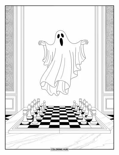 Coloriage de fantômes pour adultes : Un fantôme flotte au-dessus d'un échiquier en pleine partie dans un espace tranquille aux motifs décoratifs
