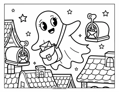Coloriage de fantômes pour adultes : Un fantôme flotte au-dessus des toits en déposant du courrier magique dans des boîtes aux lettres en forme de fleurs et d'étoiles