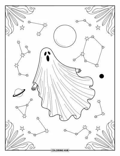 Coloriage de fantômes pour adultes : Un fantôme flotte sous la lune, entouré d'étoiles, de planètes et de délicats motifs célestes