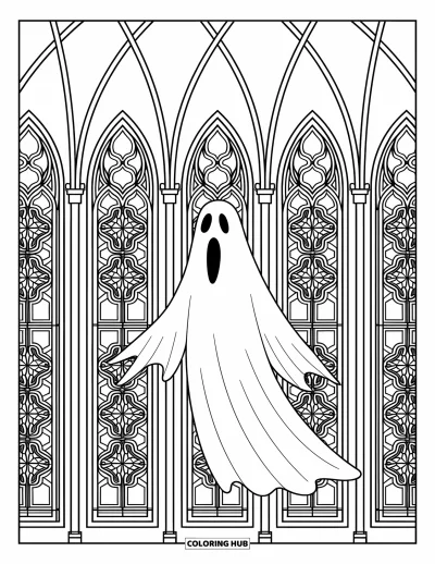 Coloriage de fantômes pour adultes : Un fantôme flotte entre les fenêtres tandis que des motifs floraux et gothiques remplissent la cathédrale