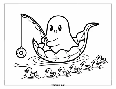 Coloriage de fantômes pour adultes : Un fantôme dérive en aval dans un bateau de feuille, pêchant avec un beignet au bout de la ligne