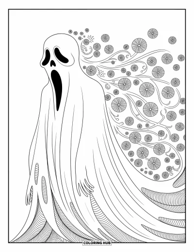 Coloriage de fantômes pour adultes : Un fantôme se transforme doucement en fleurs, entouré de motifs gracieux et apaisants