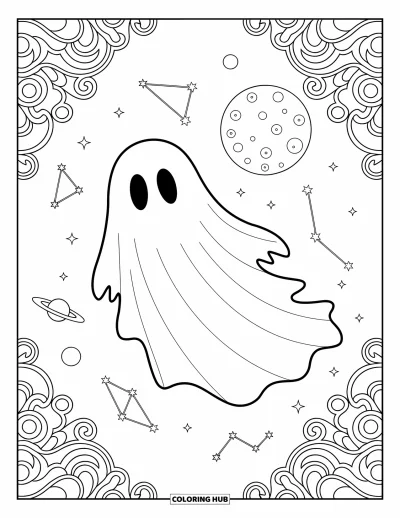 Coloriage de fantômes pour adultes : Un fantôme glisse dans le ciel nocturne, entouré de clair de lune et de motifs cosmiques