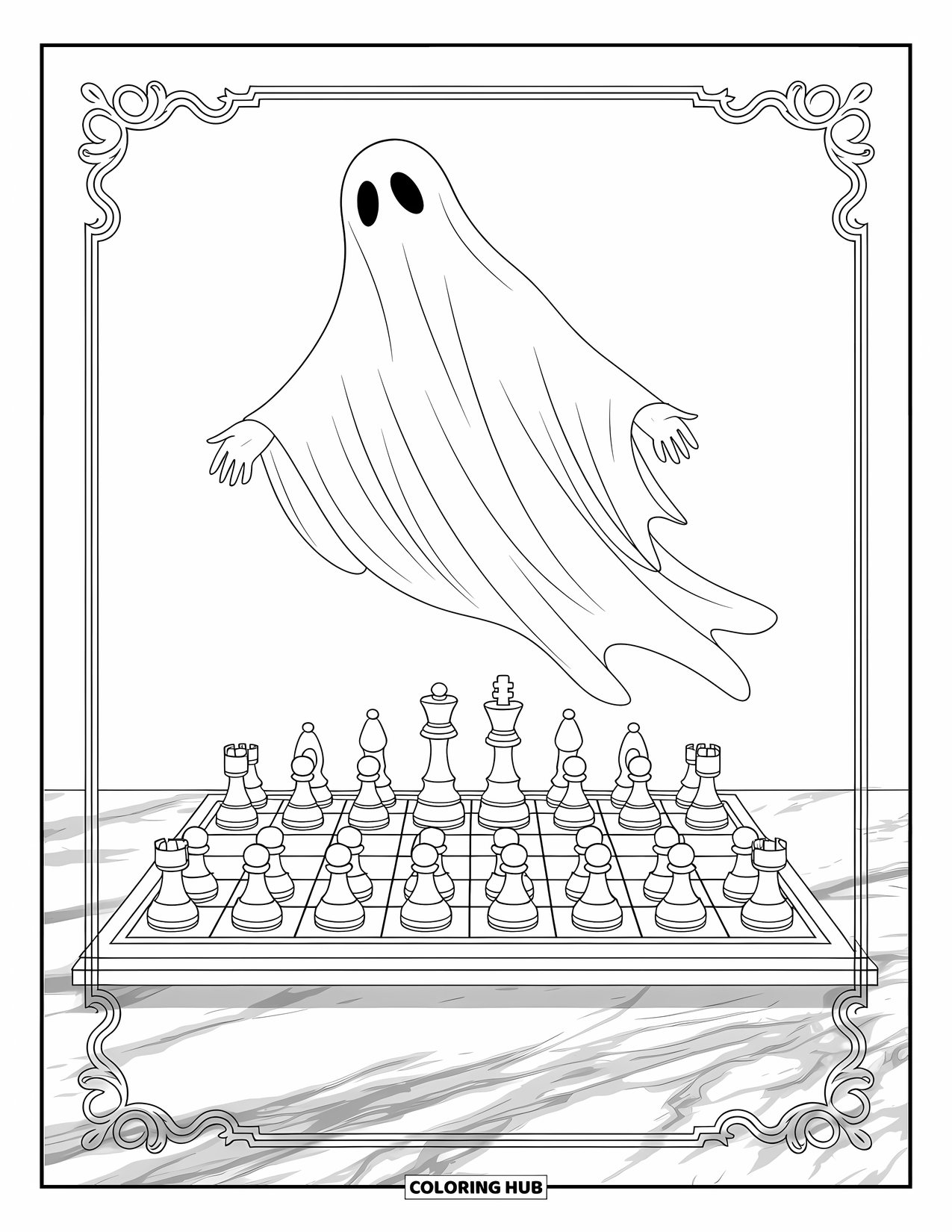 Ghost Coloring Page for Adults: A ghost hovers over a giant chessboard on a marble table