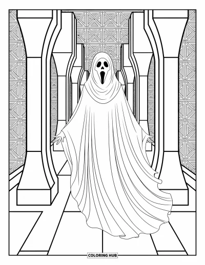 Coloriage de fantômes pour adultes : Un fantôme en robes fluides dérive devant de hauts piliers dans un espace richement décoré
