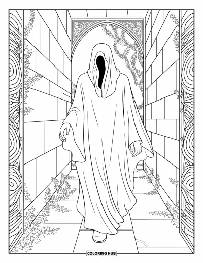 Coloriage de fantômes pour adultes : Un fantôme en robes fluides explore un labyrinthe rempli de lierre et de motifs tourbillonnants