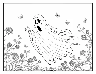 Coloriage de fantômes pour adultes : Un fantôme en robes fluides plane parmi des lianes avec des papillons qui dansent à proximité