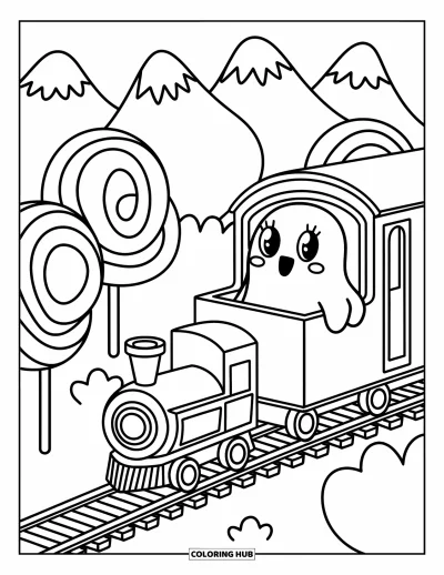 Coloriage de fantômes pour adultes : Un fantôme regarde par la fenêtre d'un train tandis que des paysages de bonbons défilent à l'extérieur