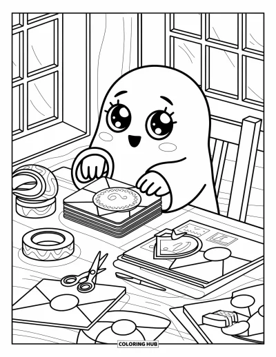 Coloriage de fantômes pour adultes : Un fantôme fabrique des autocollants à un petit bureau avec du washi tape, du courrier et des ciseaux