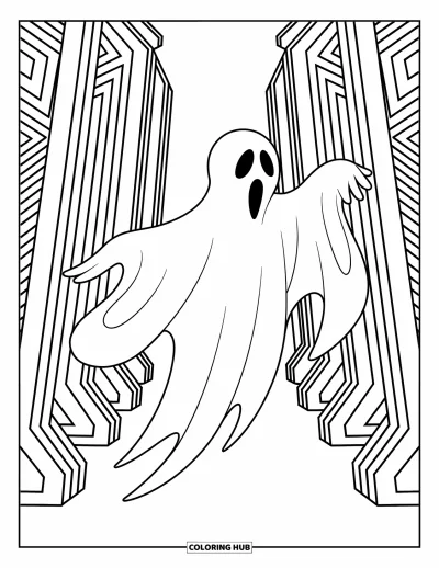 Coloriage de fantômes pour adultes : Un fantôme se déplace entre des piliers géométriques dans un couloir paisible aux motifs complexes