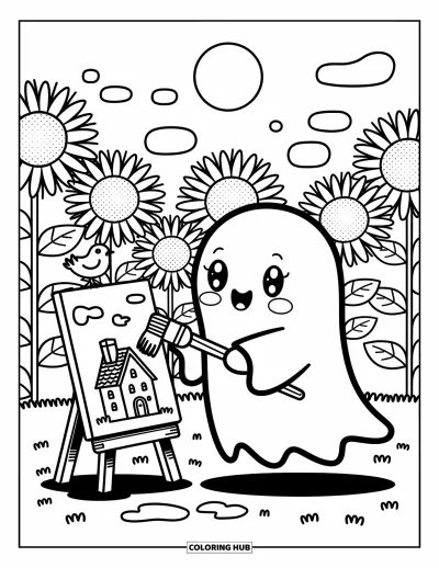 Coloriage de fantômes pour adultes : Un fantôme peint une maison hantée dans un champ de tournesols tandis que des gouttes de peinture flottent à proximité