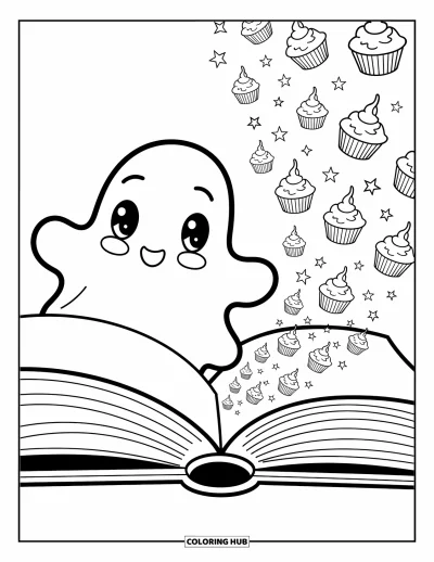 Coloriage de fantômes pour adultes : Un fantôme regarde depuis un grand livre d'histoires tandis que des étoiles, des cupcakes et des créatures en jaillissent