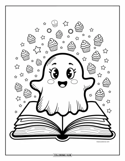Coloriage de fantômes pour adultes : Un fantôme jaillit d'un livre d'histoires entouré d'étoiles espièges, de cupcakes et d'animaux