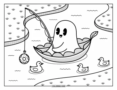 Coloriage de fantômes pour adultes : Un fantôme se repose dans un bateau de feuille tandis que des canards barbotent joyeusement à proximité