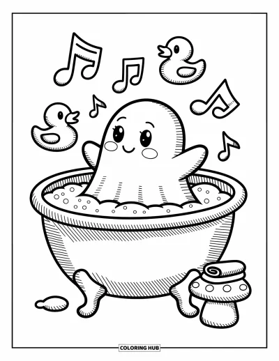 Coloriage de fantômes pour adultes : Un fantôme se détend dans une baignoire en coquille de noix entouré de canards et de notes de musique