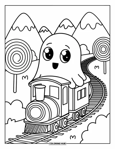 Coloriage de fantômes pour adultes : Un fantôme monte dans un petit train qui passe devant des arbres en sucette et des montagnes en guimauve