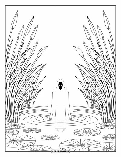 Coloriage de fantômes pour adultes : Un fantôme émerge lentement de l'eau tandis que des motifs tourbillonnants emplissent la scène