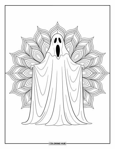 Coloriage de fantômes pour adultes : Un fantôme s'élève au milieu d'une mer de mandalas et de lignes douces et fluides