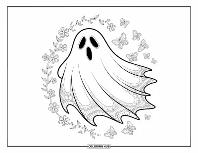 Coloriage de fantômes pour adultes : Un fantôme tourbillonne parmi de délicates lianes et des papillons dans une atmosphère calme et onirique