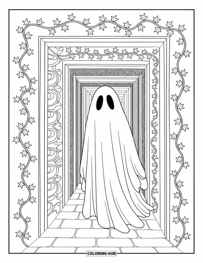 Coloriage de fantômes pour adultes : Un fantôme erre dans un labyrinthe de pierre recouvert de lierre et de sculptures détaillées